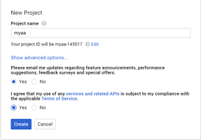 Google Developer Console - New Project Dialog Box